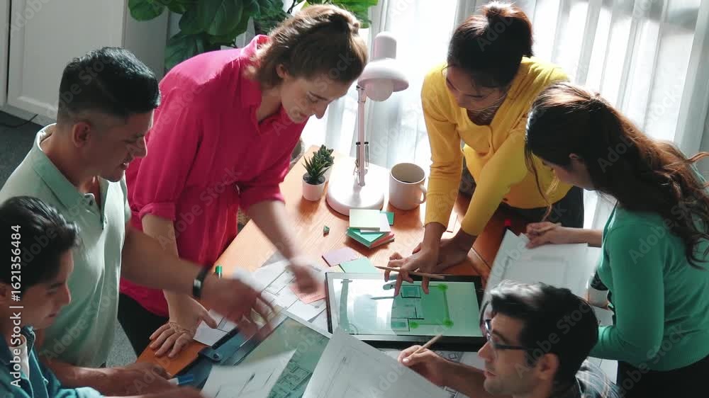 Poster top view of smart civil engineer looking project plan at meeting table while design building constru