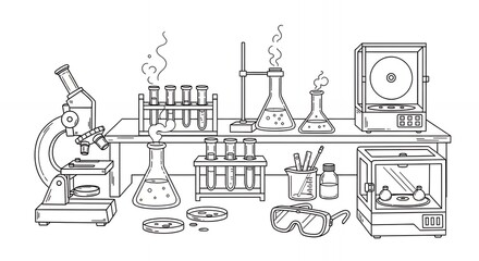 Fototapeta premium Detailed Black and White Line Art Illustration of Laboratory Equipment Featuring Beakers Test Tubes and Microscope in Minimalist Style medical hand drawn sketch line art outline doodle minimal