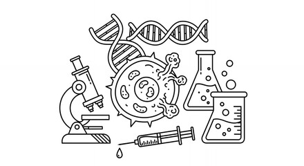 Detailed Black and White Line Art of Medical Research Elements Featuring Cells, DNA, Microscope, Syringe, and Flasks in Clean Minimalist Design with Hand Drawn Sketch Style Illustration