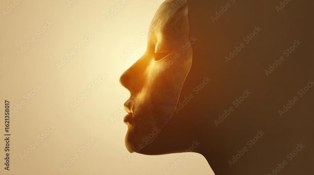Poster glowing golden mask overlay on face silhouette with soft gradient backdrop creating a striking visua