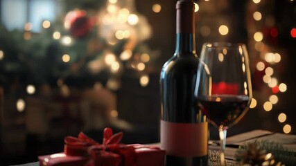 Red wine and christmas gift creating festive atmosphere - Powered by Adobe