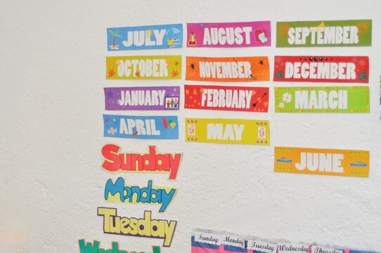 Colorful classroom wall with months and days of the week labels