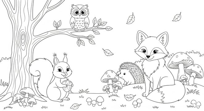 Eine herbstliche Waldszene mit niedlichen Tieren 