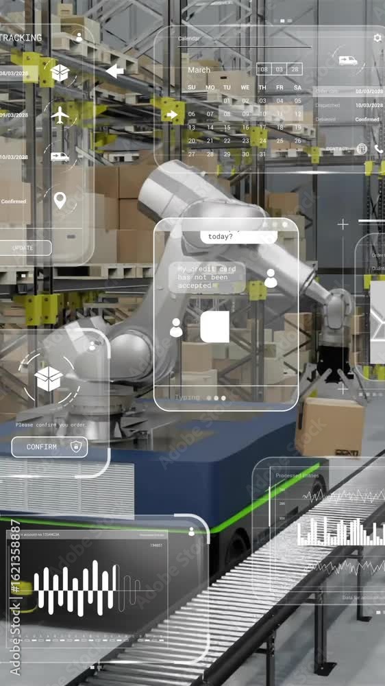 Aufkleber animation of data processing and diagrams over warehouse