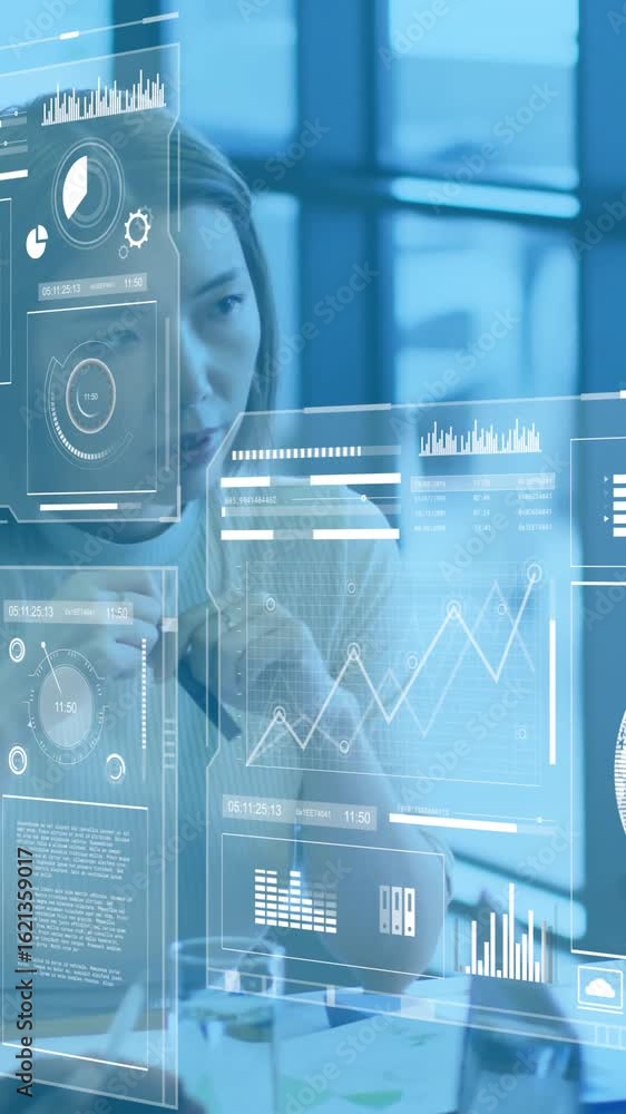 Poster animation of diagrams and data processing over diverse colleagues discussing work in office
