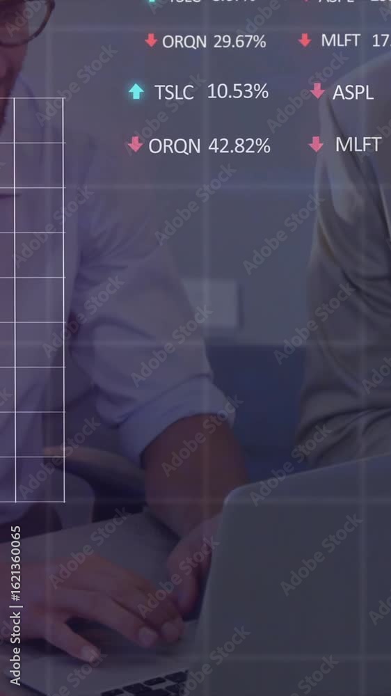 Aufkleber animation of data processing and diagrams over diverse business people discussing work