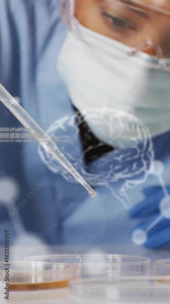 Poster animation of science data processing over female scientist doing experiment