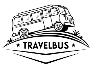 Elegant black-and-white travel bus logo, showcasing a clean line art vehicle angled subtly for depth. Windows and wheels are rectangular and circular outlines, respectively. Below the bus, bold capita