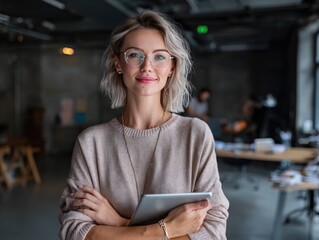good looking, positive self confident and successful businesswoman is working in office with her tablet.