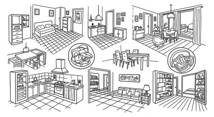 Detailed Monochrome Hand Drawn Line Art Style Illustration of Various Interior Room Designs with Clean Minimalist Aesthetic black and white sketch line drawing for architectural background and modern