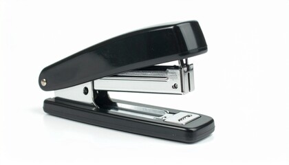 Standard black-and-silver office stapler positioned diagonally on a bright white background