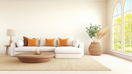 Fototapeta premium Modern bright minimal livingroom interior sofa. Cozy sofa and comfortable couch in a stylish home. Daylight and minimal design, neutral decor, elegant arrangement, tranquil inviting space, perfect
