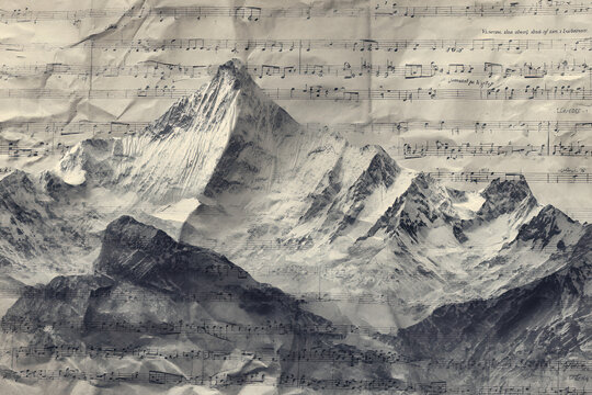 Crumpled vintage sheet music creating an artistic mountain landscape