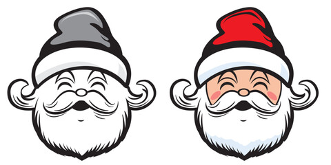 Happy Santa Claus head logo in line art style. Santa Claus face beard moustache. Front view Colored and outline. Cute Christmas card with Santa face portrait. Stencil colorless black and white outline