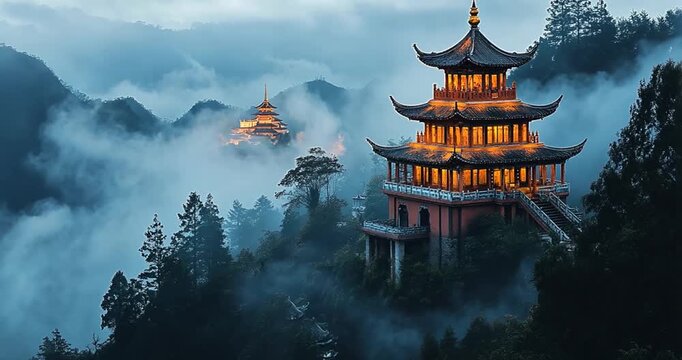 buddhist temple in the fog