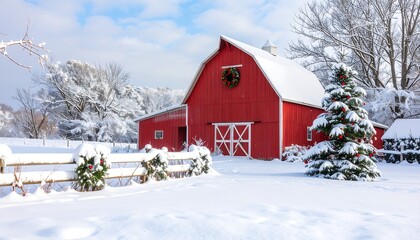 Red barn in snowy landscape, Christmas decorations