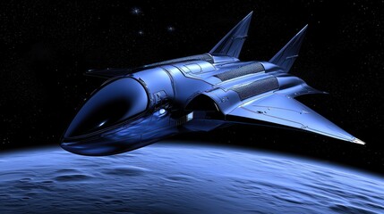 Futuristic spaceship in deep space near a planet