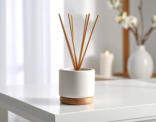 White ceramic diffuser with wooden sticks on white table