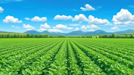 Green field landscape agriculture rural outdoors. Plantation of crops in nature, rows of farmland in rural environment. Farming, countryside, growth, soil, leaves, horizon, sky, clouds, mountains.