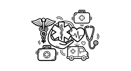 Medical Doodle Assortment in Black and White Line Art Featuring Caduceus First Aid Kits and Stethoscope Ambulance Heart Rhythm in Isolated White Background Clean Style Minimal Design