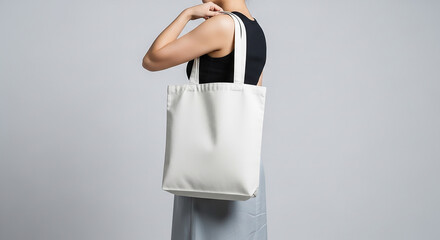 Woman holding a plain white canvas tote bag against a light gray background