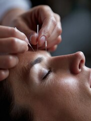 Facial Acupuncture Session With Close-Up Focus on Needles and Patient Relaxing During Treatment