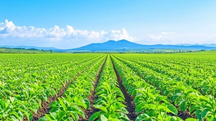 Green agriculture field landscape in outdoors style. Crops form a plantation, nature surrounds the rural farmland. Agriculture scene, outdoors perspective, perfect for eco, farm, and countryside
