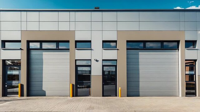 Modern storage units with roller shutter doors and concrete pavement
