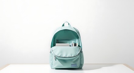 Mint Green Backpack with Books and Supplies on White Background, School Supplies