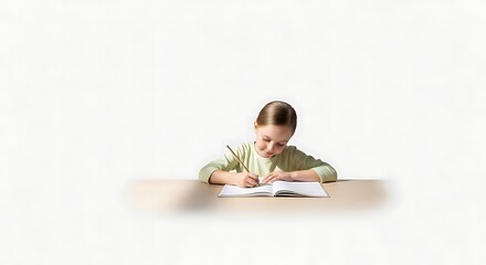 Concentrated Young Girl Writing in Notebook at Desk on White Background