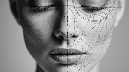 Female Face With Highlighted Symmetry Lines and Anatomical Sketch Overlay, Showcasing Facial Structure and Proportions in a Minimalist Style