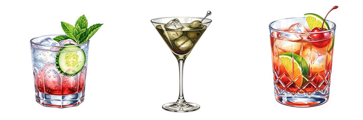 Collection of three classic cocktails illustration. Hand-drawn alcoholic drinks including a gin tonic, dirty martini, and negroni on a transparent background.