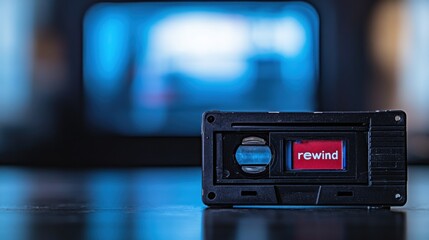 Fototapeta premium Black cassette tape on a dark surface, blurred blue background