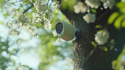 Outdoor security camera mounted on tree trunk amidst blooming flowers