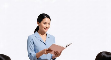 Asian Woman Giving Presentation to Audience with Notebook on White Background