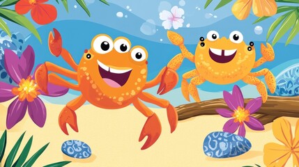 Two orange crabs with big eyes, playful expressions, and large claws, swim amidst colorful flowers and tropical foliage. Sandy beach backdrop