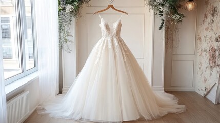 Elegant ivory wedding gown hangs in a bridal shop