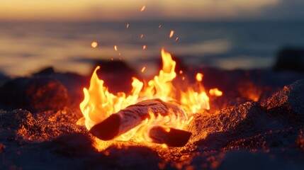 Burning log on sandy beach at sunset