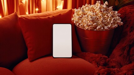 Blank phone screen on an orange couch, popcorn