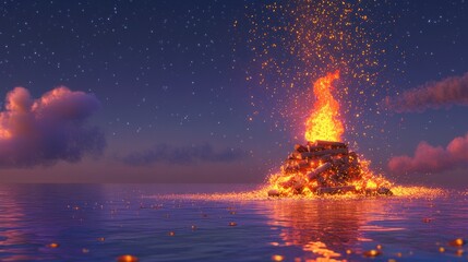 Bonfire on water at night, with clouds and stars