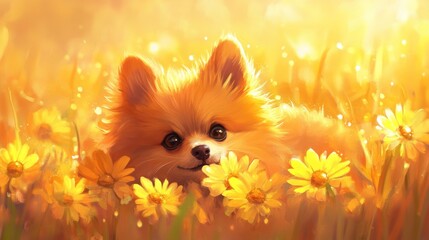 Cute orange dog in a field of yellow flowers, bathed in warm sunlight