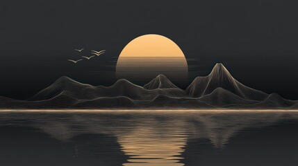 Dark landscape, stylized mountains, golden sun, birds