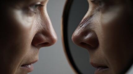 A split image in a handheld mirror features an unblemished profile opposed to a distorted bruised nose emphasizing regret and consequences after failed l surgery.