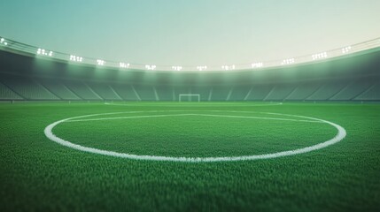 Empty stadium, glowing lights, green field