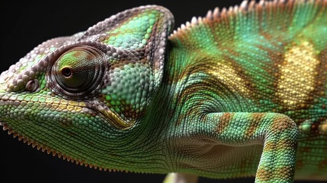 Detailed Close Up of a Vibrant Panther Chameleon Furcifer Pardalis Displaying Stunning Green Turquoise and Gold Scales on a Black Background Emphasizing Exotic Beauty and Textural Details for Nature