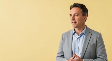 Confident Middle-Aged Businessman in Gray Suit Jacket on Yellow Background