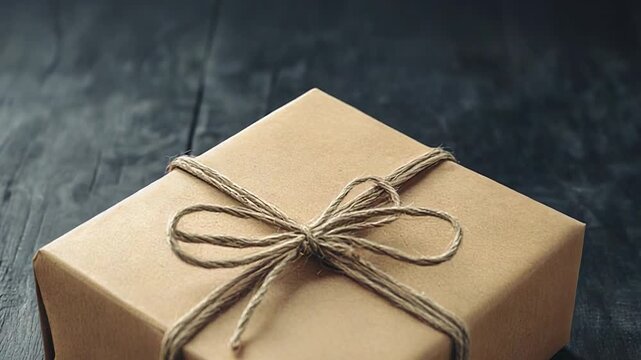 Wrapped gift box tied with string on wooden table