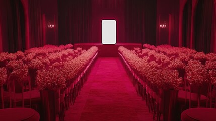 Red-lit room with flowers and a blank screen