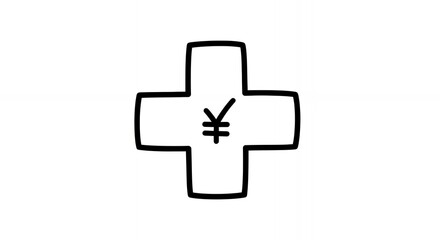 Fototapeta premium Minimalist Monochrome Plus Sign with Yen Symbol Hand Drawn Sketch Style on White Background Medical Finance Icon Black and White Simple Cartoon Drawing Illustration Design