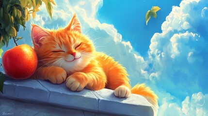 Cute orange kitten rests on a wall, near an apple, under a bright sky